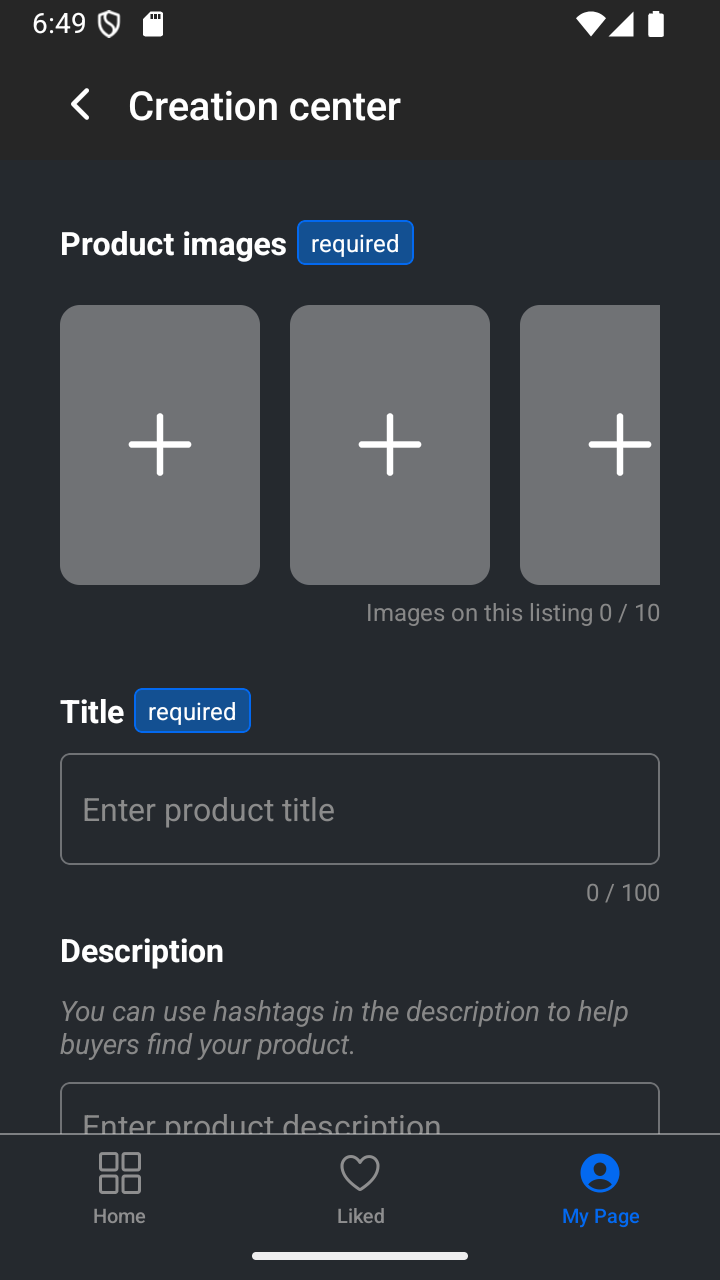 A new product listing form after the image manager has been dismissed.