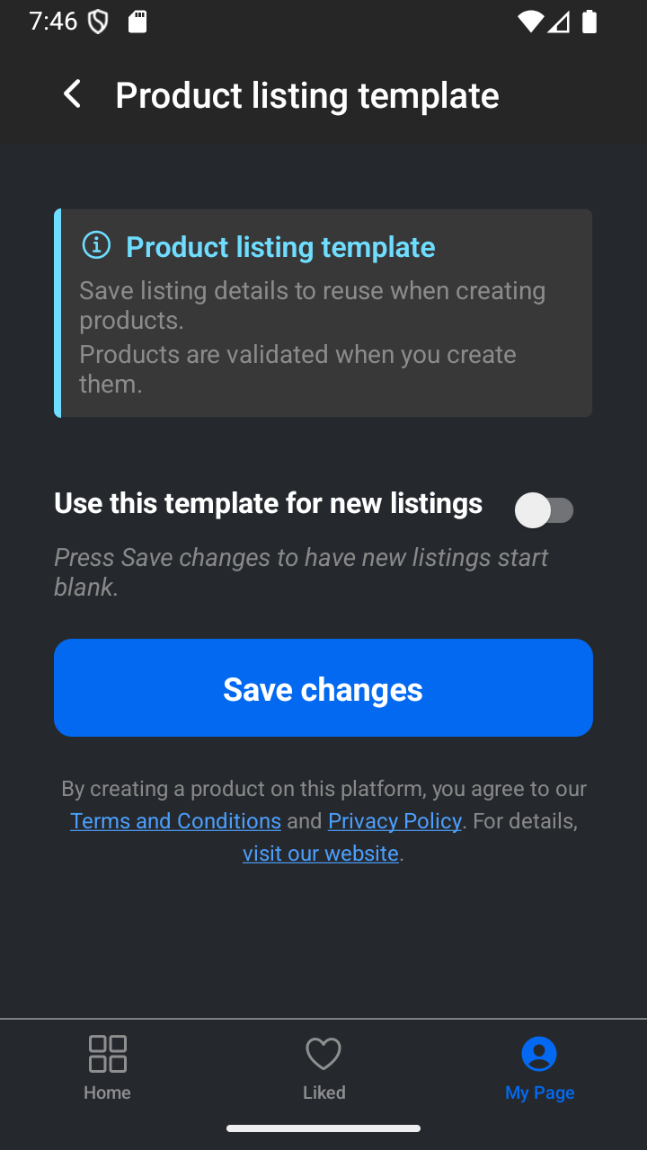 The product template screen with Use this template for new listings turned off.