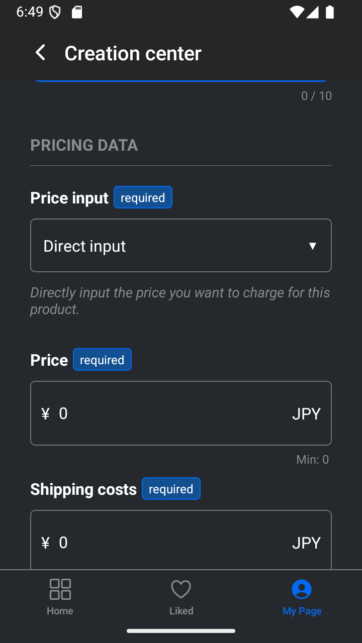 The Price input selector set to Direct input in the Pricing data section.