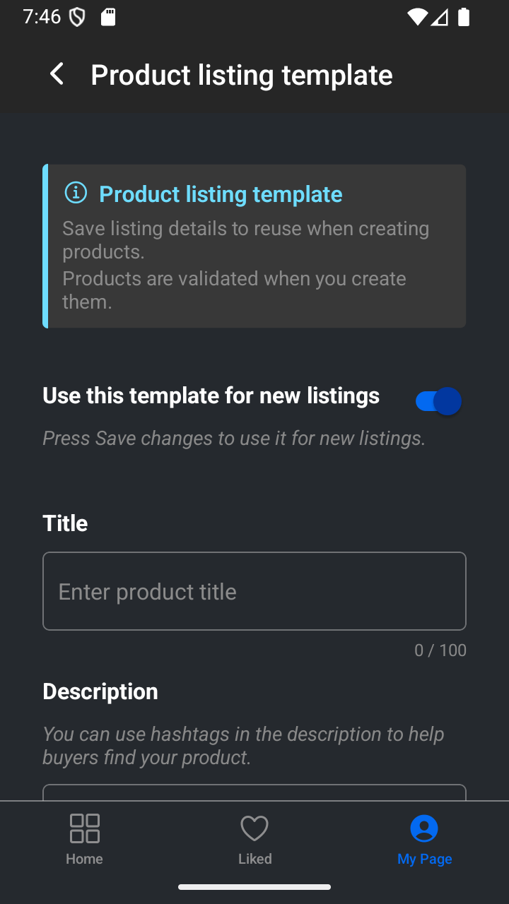 The product template screen with the switch turned on and template fields visible.