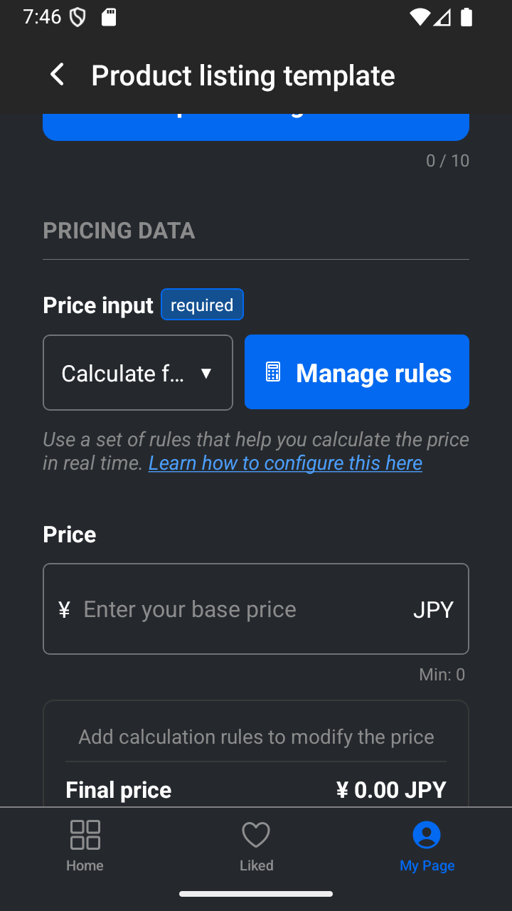 The product template Price input set to Calculate from rules, with Manage rules and the linked configuration tutorial visible.