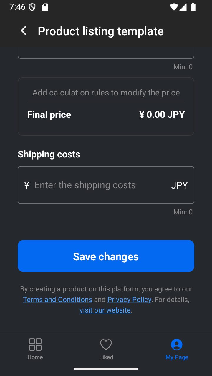 The Save changes button at the bottom of the product template editor.