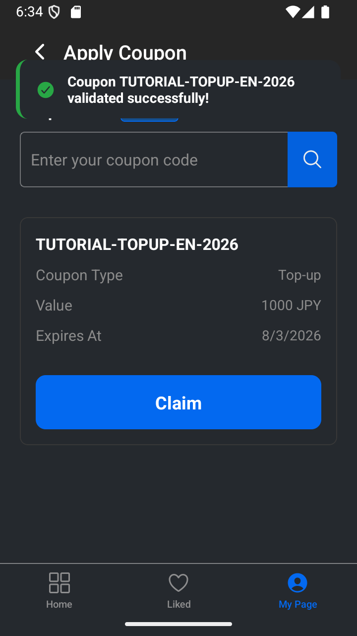 A validated top-up coupon with the Claim button.