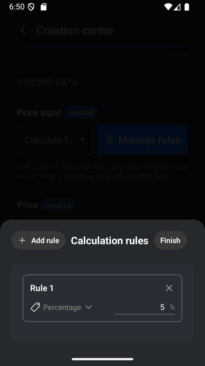 A percentage calculation rule shown below a fixed amount rule.