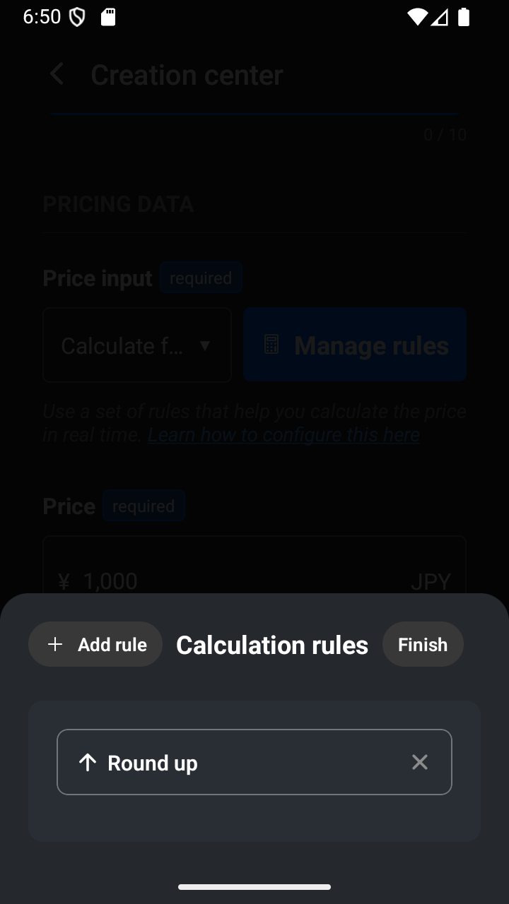 A round-up calculation rule shown in the rule manager.