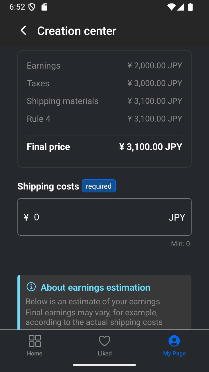A calculation summary showing Earnings, Taxes, Shipping materials, Round up, and a bold final price below a divider.