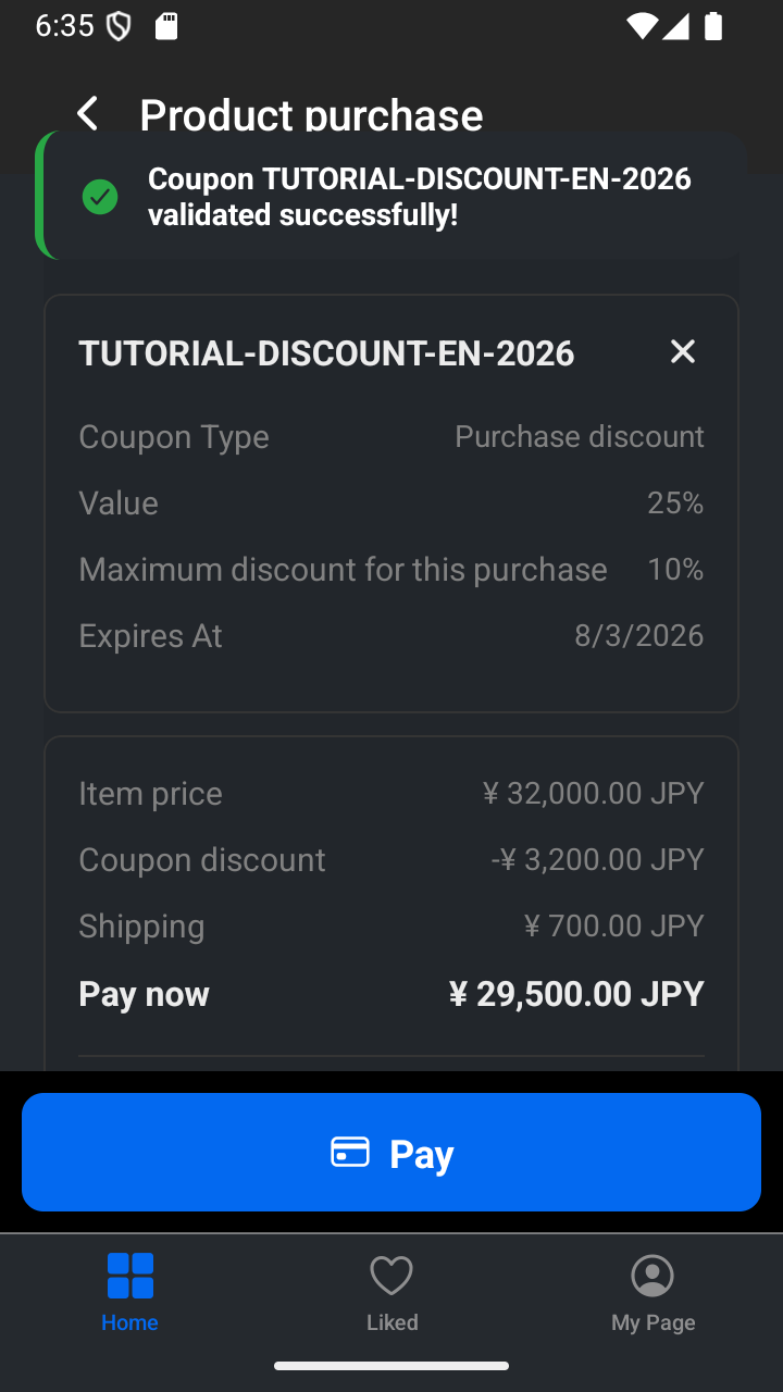 A validated purchase-discount coupon on the purchase page showing the maximum available discount.